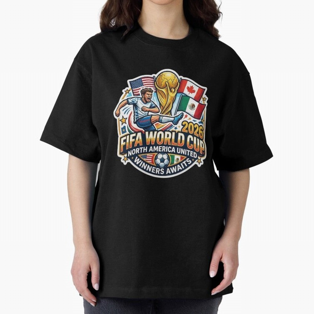 FIFA World Cup 2026 North America United Oversized T-Shirt Join the Countdown to the FIFA World Cup 2026 USA Canada Mexico Journey through CR7 and Messi Highlights, Brazil, Portugal and Argentina Pride, Champion Mindset, Group Stage Buzz, Knockout