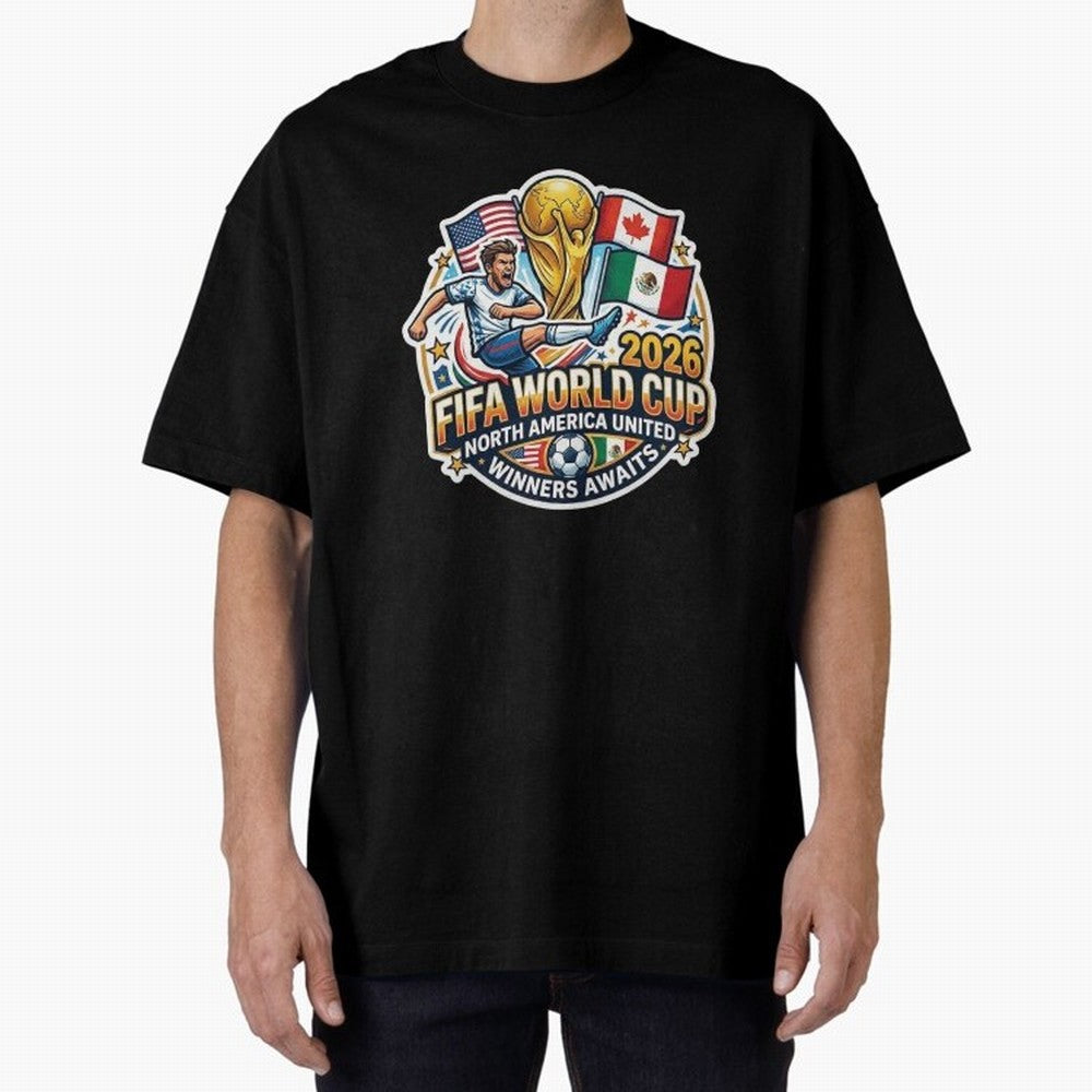 FIFA World Cup 2026 North America United Oversized T-Shirt Join the Countdown to the FIFA World Cup 2026 USA Canada Mexico Journey through CR7 and Messi Highlights, Brazil, Portugal and Argentina Pride, Champion Mindset, Group Stage Buzz, Knockout