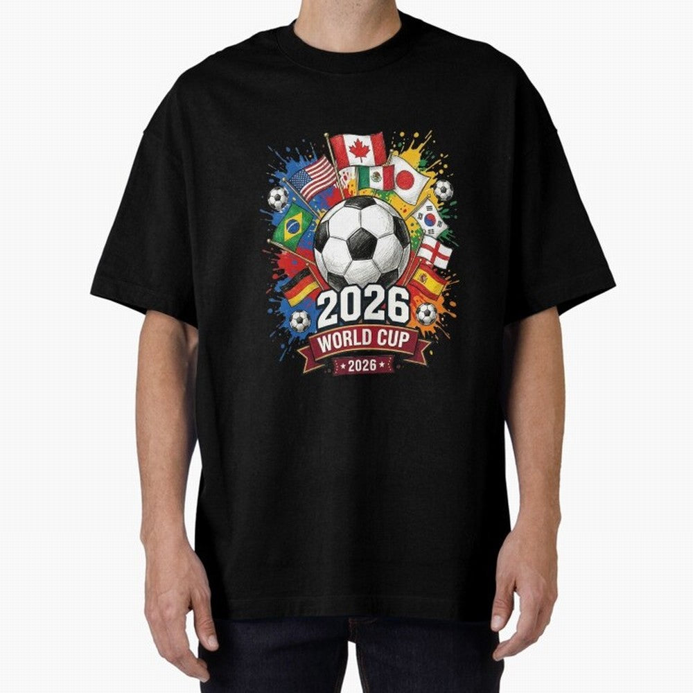 2026 World Cup Soccer Flags Graphic Oversized T-Shirt Bring a Vintage Feel to FIFA World Cup 2026 Spirit, Capturing England, France and Netherlands, Mbappe, Vintage Soccer Flavor, Modern Football Stars, National Flags and Final Night Emotion; Great