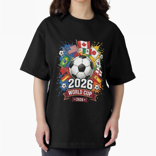 2026 World Cup Soccer Flags Graphic Oversized T-Shirt Bring a Vintage Feel to FIFA World Cup 2026 Spirit, Capturing England, France and Netherlands, Mbappe, Vintage Soccer Flavor, Modern Football Stars, National Flags and Final Night Emotion; Great