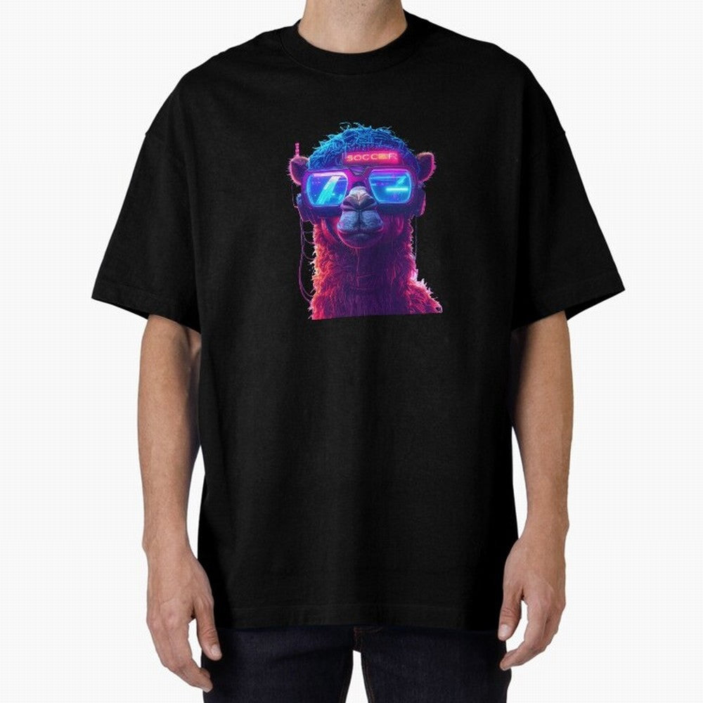Cyberpunk Llama with Neon Soccer Vibes Oversized T-Shirt Carry the Dream of FIFA World Cup 2026 Spirit, Built around England, Haaland, Tournament Hype, Historic Matchups, Family Viewing Parties and Global Sports Pride; Created for Match Day