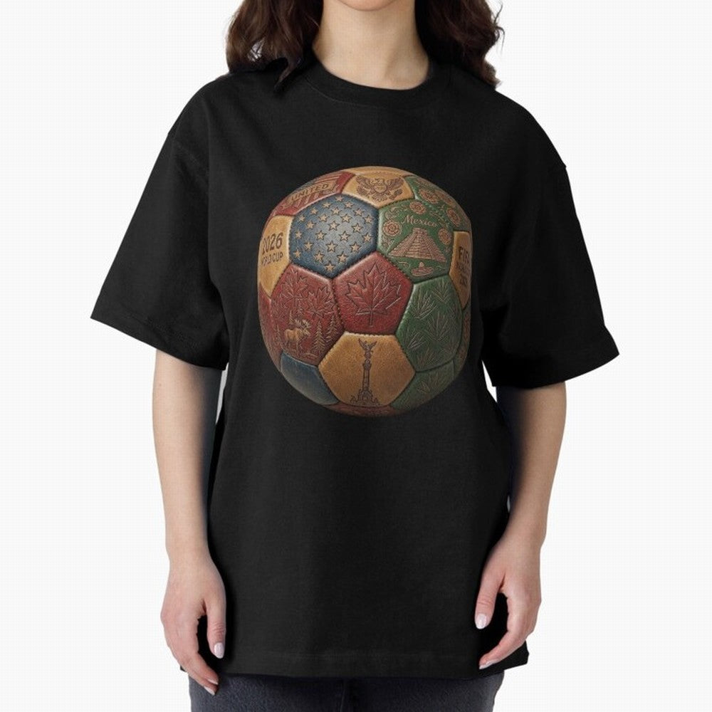 Artistic Ball for the 2026 World Cup ¨C USA, Mexico & Canada Football Design Oversized T-Shirt Celebrate Global Passion for FIFA World Cup 2026 Centered on Messi and Cristiano Ronaldo, Spain Energy, Worldwide Fan Energy, Dramatic Goals, Stadium
