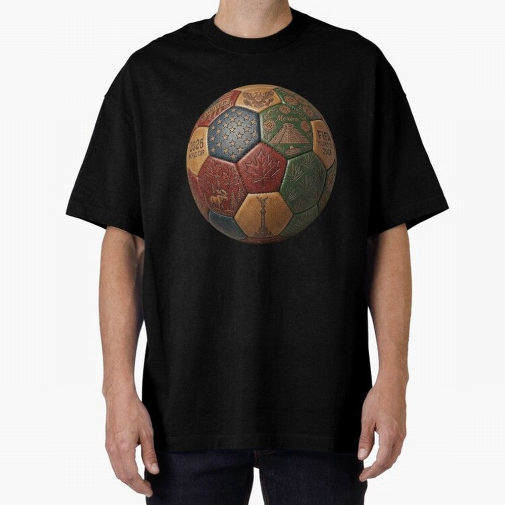 Artistic Ball for the 2026 World Cup ¨C USA, Mexico & Canada Football Design Oversized T-Shirt Celebrate Global Passion for FIFA World Cup 2026 Centered on Messi and Cristiano Ronaldo, Spain Energy, Worldwide Fan Energy, Dramatic Goals, Stadium